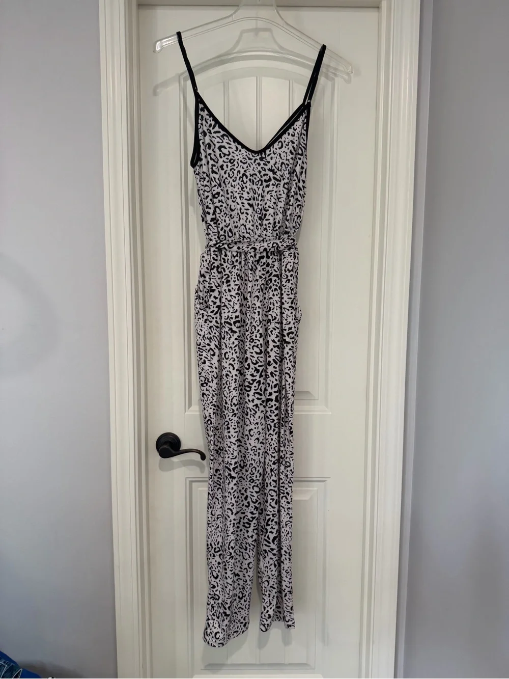 Leopard Print Spaghetti Strap Jumpsuit - Black & White